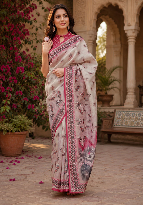 Dista Elora Off White Linen Paisley Motifs Digital Print Bollywood Saree