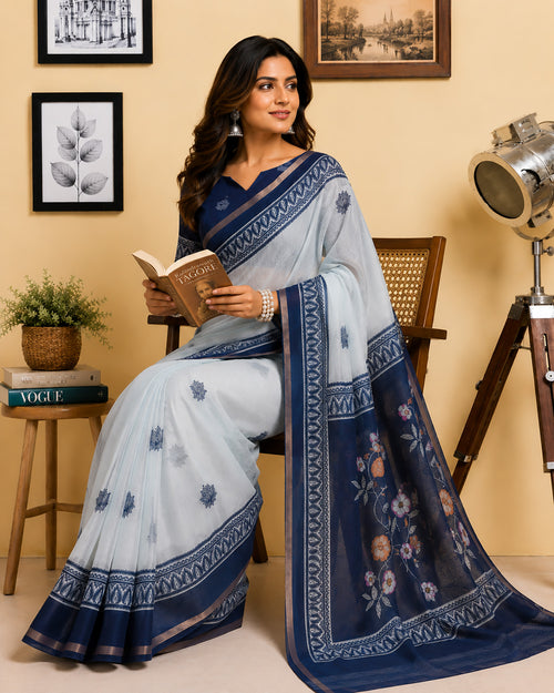 Dista Elora Off White & Navy Blue Chanderi Cotton Floral Butti Motifs Printed Ready To Wear Saree
