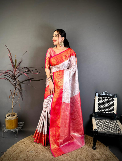 Dista Elora Off White & Red Soft Silk Floral Zari Weaving Banarasi Saree
