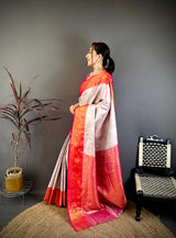 Dista Elora Off White & Red Soft Silk Floral Zari Weaving Banarasi Saree, view 2