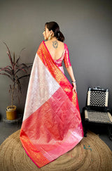 Dista Elora Off White & Red Soft Silk Floral Zari Weaving Banarasi Saree, view 3