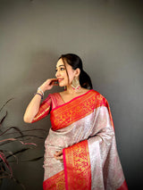 Dista Elora Off White & Red Soft Silk Floral Zari Weaving Banarasi Saree, view 4