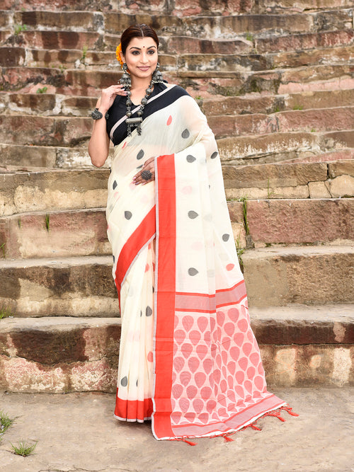 Dista Elora Off White Soft Cotton Butti Weaving Handloom Casual Saree