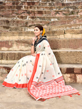 Dista Elora Off White Soft Cotton Butti Weaving Handloom Casual Saree, view 3