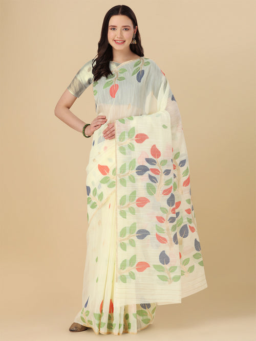 Dista Elora Off White Soft Cotton Floral Printed Bhagalpuri Designer Saree