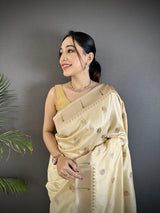 Dista Elora Off-White Soft Silk Peacock & Floral Zari Motifs Kanchipuram Saree, view 2