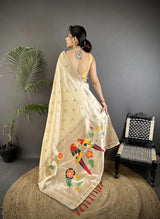 Dista Elora Off-White Soft Silk Peacock & Floral Zari Motifs Kanchipuram Saree, view 3