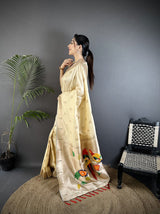 Dista Elora Off-White Soft Silk Peacock & Floral Zari Motifs Kanchipuram Saree, view 4