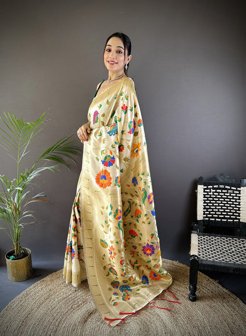 Dista Elora Off-White Soft Silk Zari Woven Floral Motifs Paithani Saree