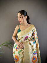 Dista Elora Off-White Soft Silk Zari Woven Floral Motifs Paithani Saree, view 2