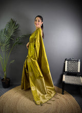 Dista Elora Olive Green Lichi Silk Flower Zari Weaving Banarasi Saree, view 2