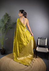 Dista Elora Olive Green Lichi Silk Flower Zari Weaving Banarasi Saree, view 4