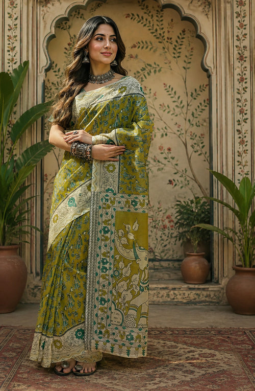 Dista Elora Olive Green Linen Kalamkari Digital Print Bollywood Saree