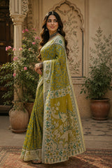 Dista Elora Olive Green Linen Kalamkari Digital Print Bollywood Saree, view 2
