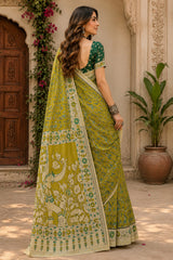 Dista Elora Olive Green Linen Kalamkari Digital Print Bollywood Saree, view 3