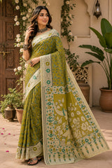 Dista Elora Olive Green Linen Kalamkari Digital Print Bollywood Saree, view 4