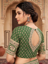 Dista Elora Olive Green Linen Kalamkari Digital Print Bollywood Saree, view 5