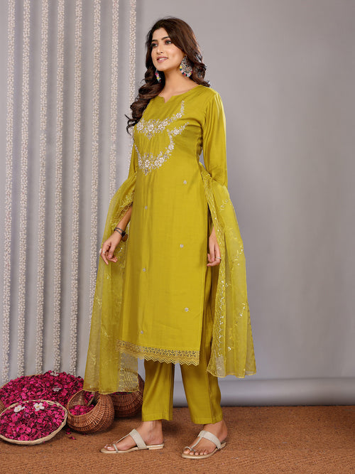 Dista Elora Olive Green Roman Floral Embroidery Straight Notch Neck Kurta Set