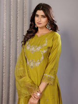 Dista Elora Olive Green Roman Floral Embroidery Straight Notch Neck Kurta Set, view 2
