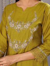 Dista Elora Olive Green Roman Floral Embroidery Straight Notch Neck Kurta Set, view 3