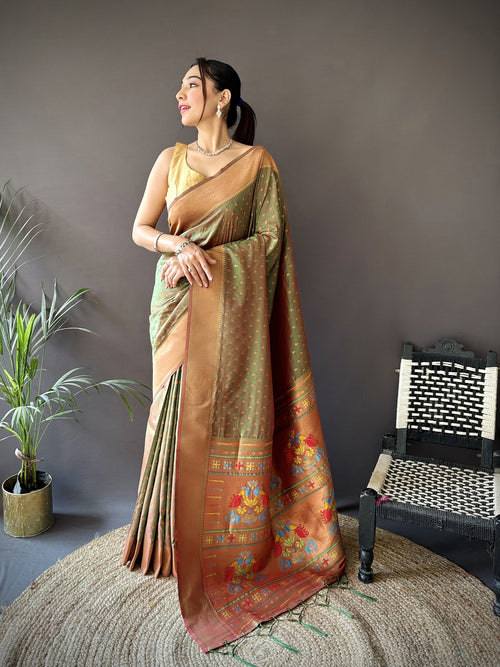 Dista Elora Olive Green Soft Lichi Silk Jacquard Butti Zari Weaving Paithani Saree