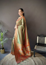 Dista Elora Olive Green Soft Lichi Silk Jacquard Butti Zari Weaving Paithani Saree, view 2