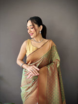 Dista Elora Olive Green Soft Lichi Silk Jacquard Butti Zari Weaving Paithani Saree, view 3