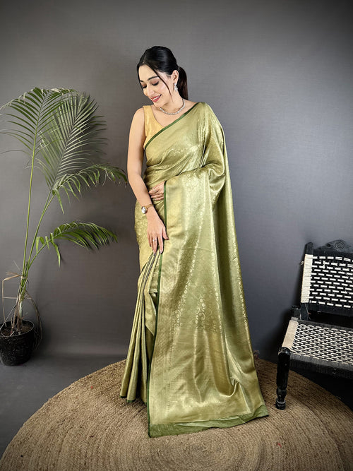 Dista Elora Olive Green Soft Satin Silk Floral & Paisley Motifs Banarasi Saree