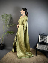 Dista Elora Olive Green Soft Satin Silk Floral & Paisley Motifs Banarasi Saree, view 2