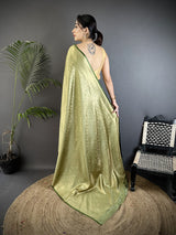 Dista Elora Olive Green Soft Satin Silk Floral & Paisley Motifs Banarasi Saree, view 3