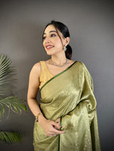 Dista Elora Olive Green Soft Satin Silk Floral & Paisley Motifs Banarasi Saree, view 4
