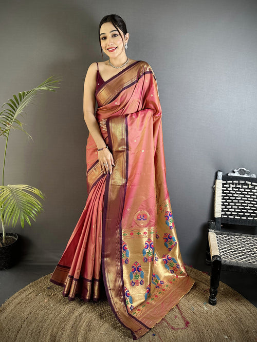 Dista Elora Onion Pink Lichi Silk Peacock Ethnic Motifs Zari Woven Paithani Saree