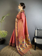 Dista Elora Onion Pink Lichi Silk Peacock Ethnic Motifs Zari Woven Paithani Saree, view 2