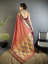 Dista Elora Onion Pink Lichi Silk Peacock Ethnic Motifs Zari Woven Paithani Saree, view 3
