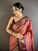 Dista Elora Onion Pink Lichi Silk Peacock Ethnic Motifs Zari Woven Paithani Saree, view 4