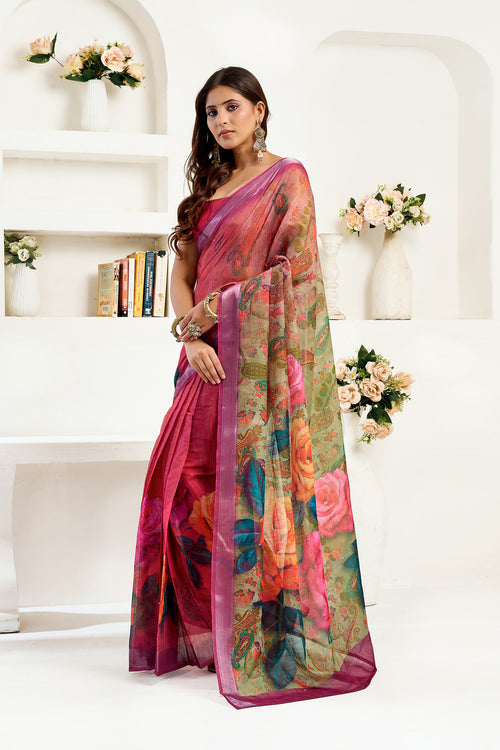Dista Elora  Onion Pink Linen Floral Printed Ready to Wear Saree