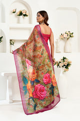 Dista Elora  Onion Pink Linen Floral Printed Ready to Wear Saree, view 2