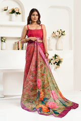 Dista Elora  Onion Pink Linen Floral Printed Ready to Wear Saree, view 3