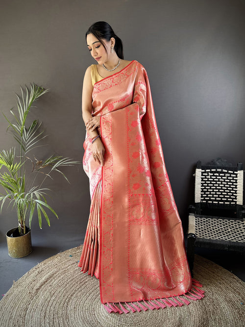 Dista Elora Onion Pink Soft Banarasi Silk Flower Jaal Zari Weaving Designer Saree