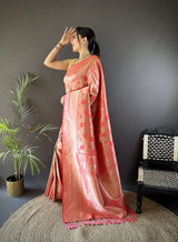 Dista Elora Onion Pink Soft Banarasi Silk Flower Jaal Zari Weaving Designer Saree, view 2
