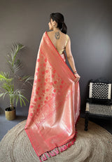 Dista Elora Onion Pink Soft Banarasi Silk Flower Jaal Zari Weaving Designer Saree, view 3