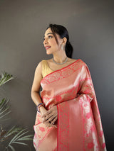 Dista Elora Onion Pink Soft Banarasi Silk Flower Jaal Zari Weaving Designer Saree, view 4