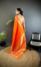 Dista Elora Orange Banarasi Lichi Silk Meenakari Zari Weaving Patola Saree, view 2