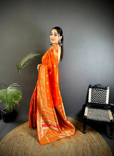 Dista Elora Orange Banarasi Lichi Silk Meenakari Zari Weaving Patola Saree, view 3