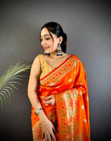 Dista Elora Orange Banarasi Lichi Silk Meenakari Zari Weaving Patola Saree, view 5