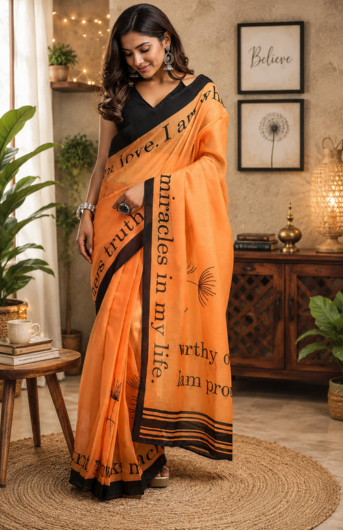 Dista Elora Orange Chanderi Cotton Geometric & Floral Printed Ready To Wear Saree