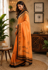 Dista Elora Orange Chanderi Cotton Geometric & Floral Printed Ready To Wear Saree, view 2