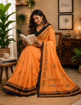 Dista Elora Orange Chanderi Cotton Geometric & Floral Printed Ready To Wear Saree, view 3