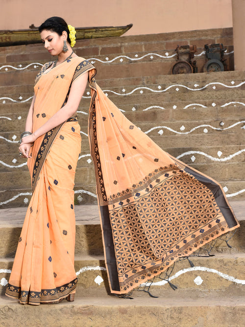 Dista Elora Orange Cotton Butti Weave Handloom Wedding Wear Saree