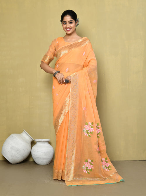 Dista Elora Orange Cotton Floral Embroidered Designer Casual Saree